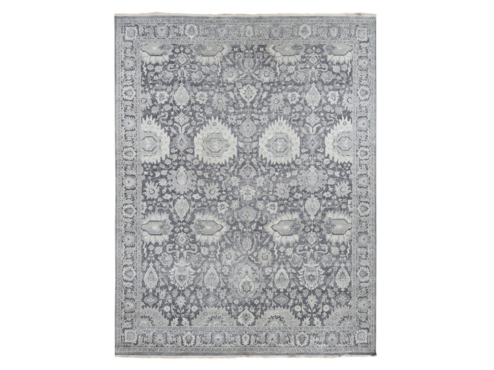 11'10" x 14'10" New Hand Knotted Grey Wool & Silk Rectangle Oriental Rug - MOA10287653