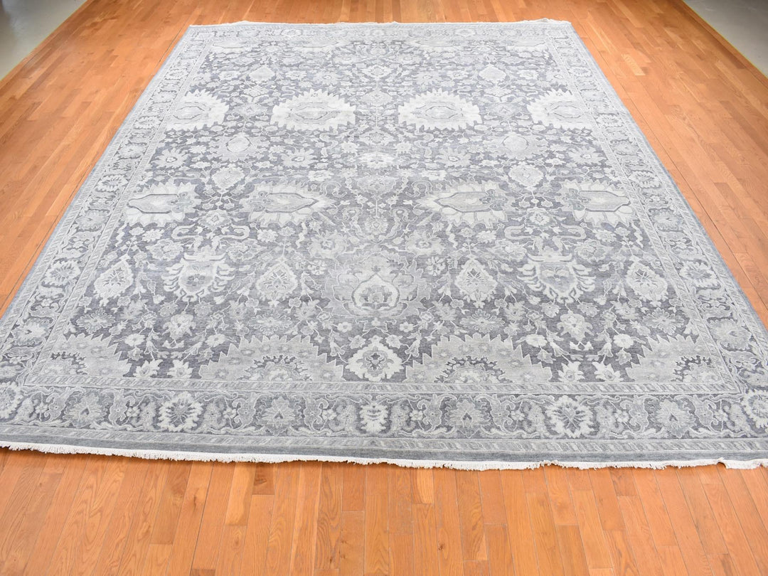 11'10" x 14'10" New Hand Knotted Grey Wool & Silk Rectangle Oriental Rug - MOA10287653