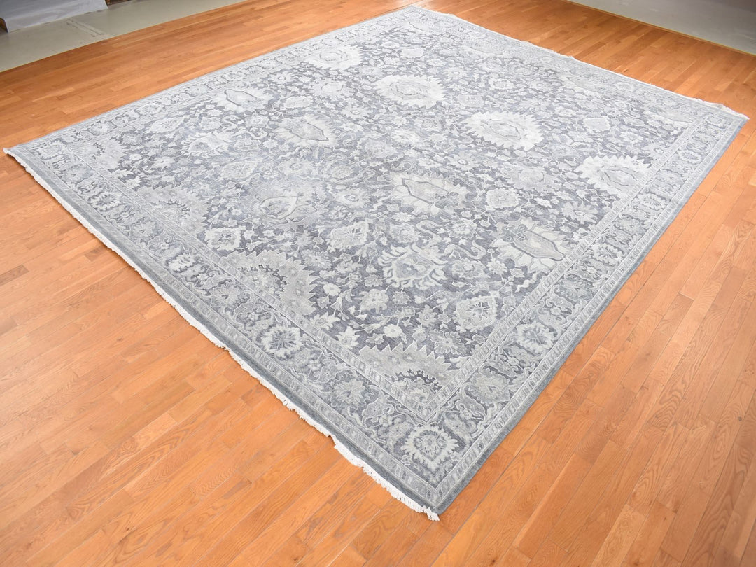 11'10" x 14'10" New Hand Knotted Grey Wool & Silk Rectangle Oriental Rug - MOA10287653