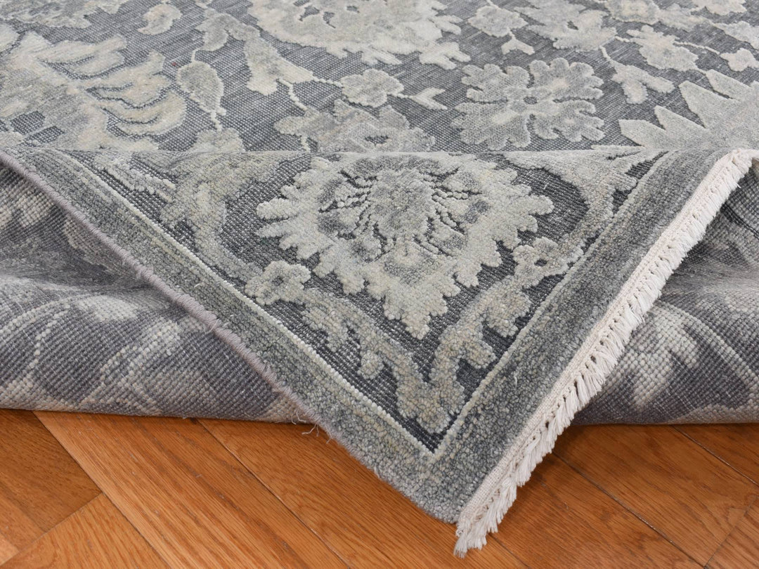 11'10" x 14'10" New Hand Knotted Grey Wool & Silk Rectangle Oriental Rug - MOA10287653