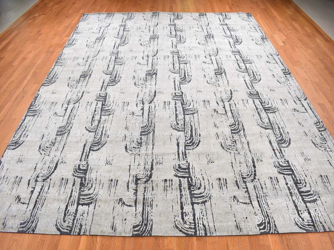 11'9" x 14'10" New Hand Knotted Grey Wool & Silk Rectangle Oriental Rug - MOA10287662