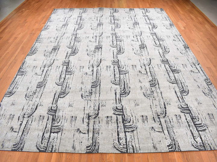 11'9" x 14'10" New Hand Knotted Grey Wool & Silk Rectangle Oriental Rug - MOA10287662