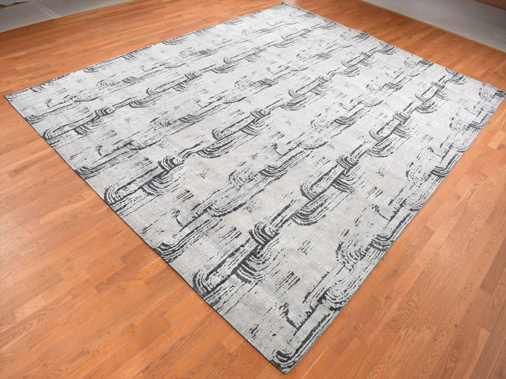 11'9" x 14'10" New Hand Knotted Grey Wool & Silk Rectangle Oriental Rug - MOA10287662