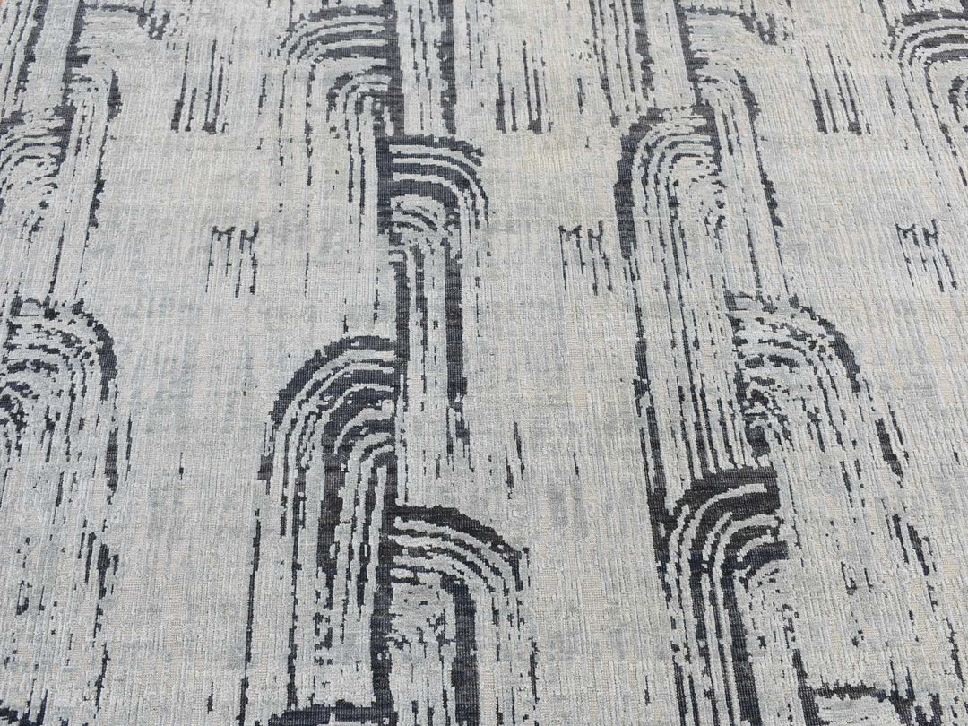 11'9" x 14'10" New Hand Knotted Grey Wool & Silk Rectangle Oriental Rug - MOA10287662