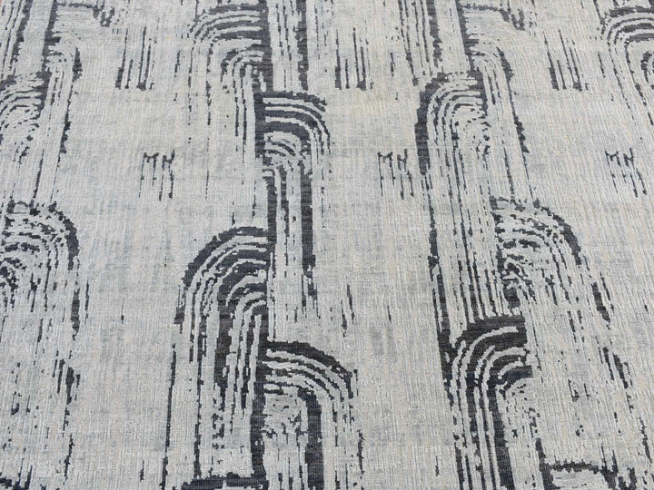 11'9" x 14'10" New Hand Knotted Grey Wool & Silk Rectangle Oriental Rug - MOA10287662