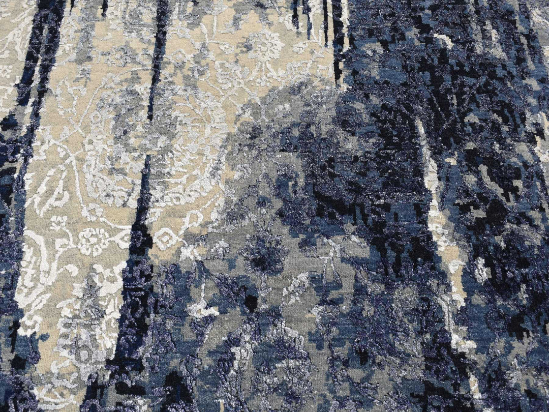 12'0" x 14'9" New Hand Knotted Blue Wool & Silk Rectangle Oriental Rug - MOA10287667