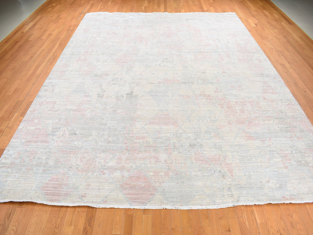 12'0" x 15'3" New Hand Knotted Ivory Wool & Silk Rectangle Oriental Rug - MOA10287674