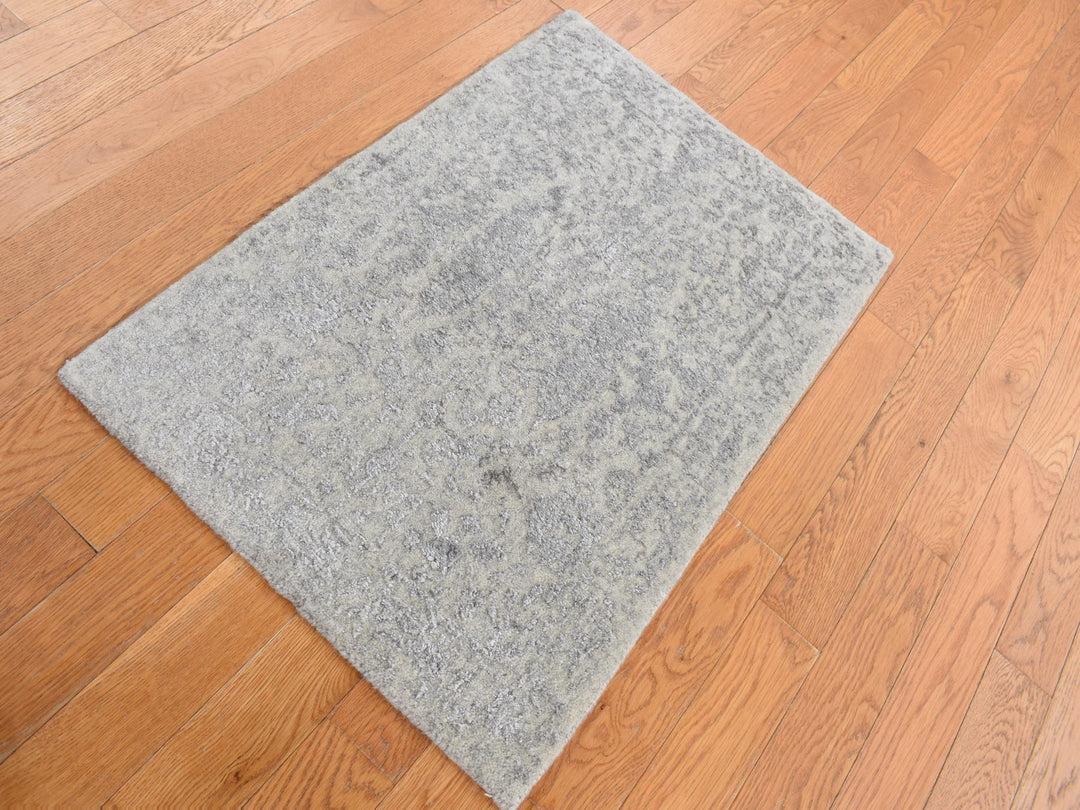 2'0" x 3'0" New Hand Loomed Grey Wool & Silk Rectangle Oriental Rug - MOA10287812