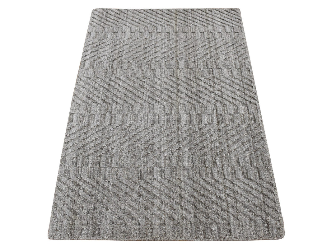 2'0" x 3'0" New Hand Loomed Grey Wool Rectangle Oriental Rug - MOA10287835