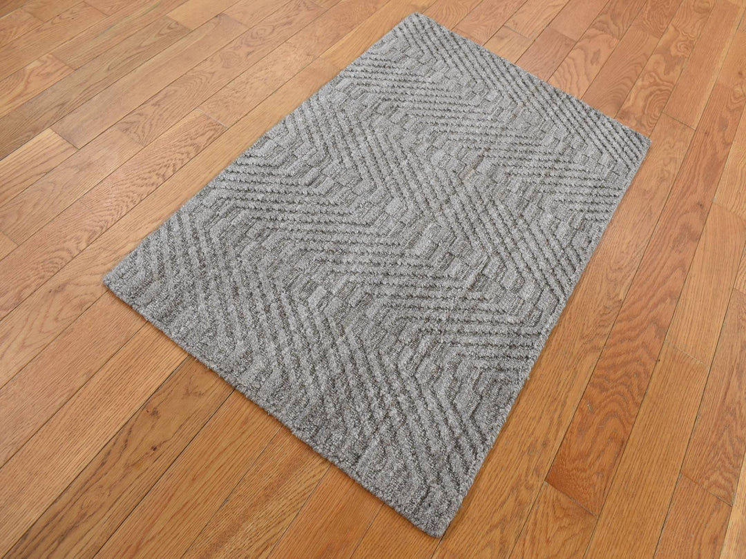 2'0" x 3'0" New Hand Loomed Grey Wool Rectangle Oriental Rug - MOA10287835