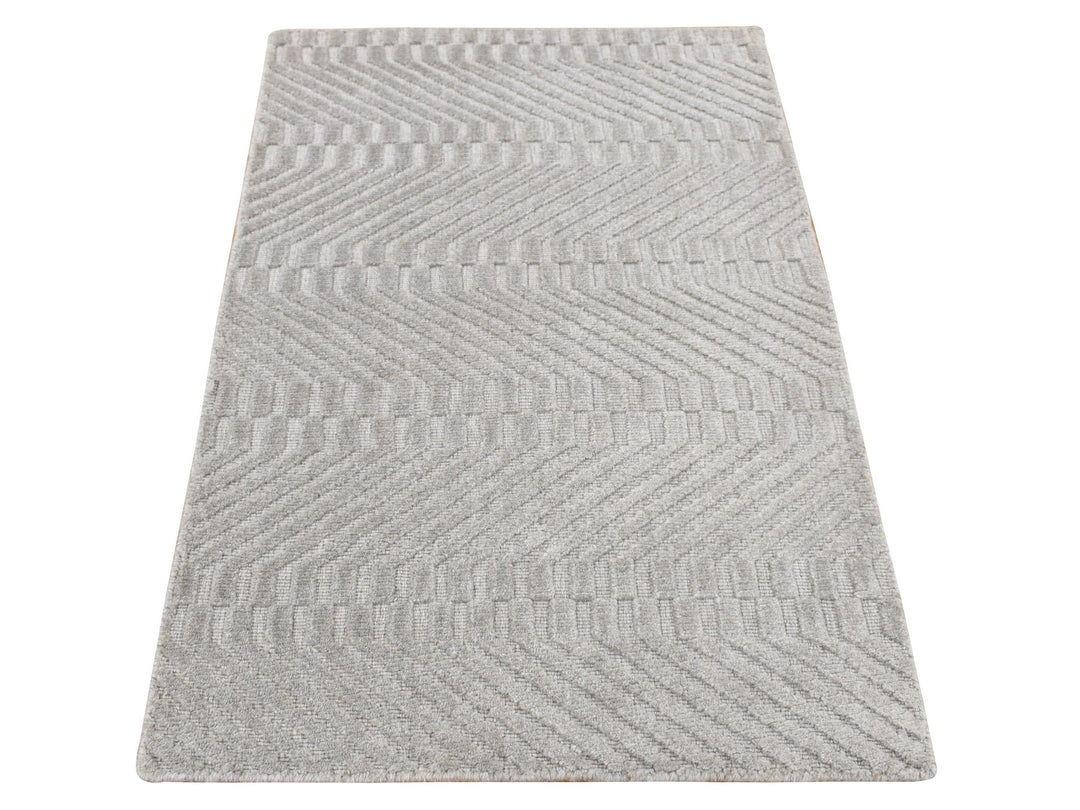 2'0" x 3'0" New Hand Loomed Grey Wool & Silk Rectangle Oriental Rug - MOA10287838