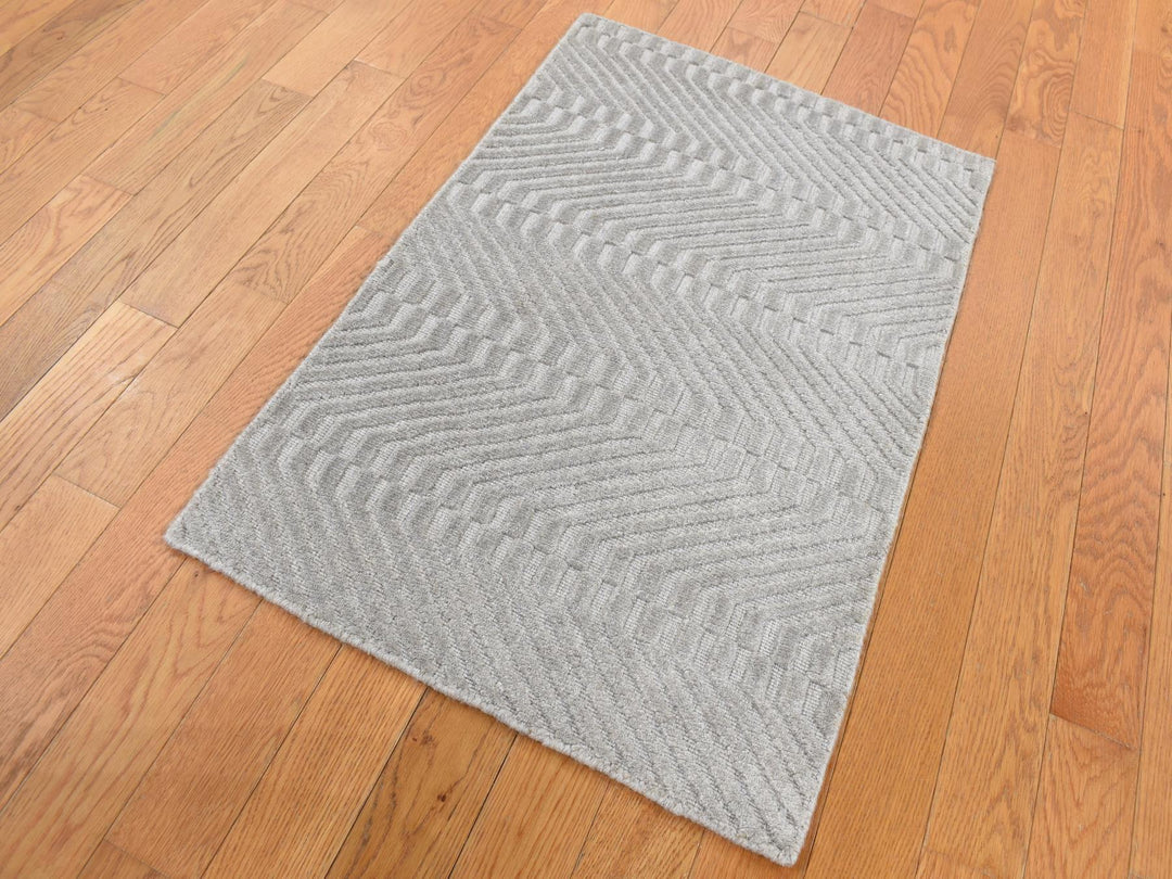 2'0" x 3'0" New Hand Loomed Grey Wool & Silk Rectangle Oriental Rug - MOA10287838