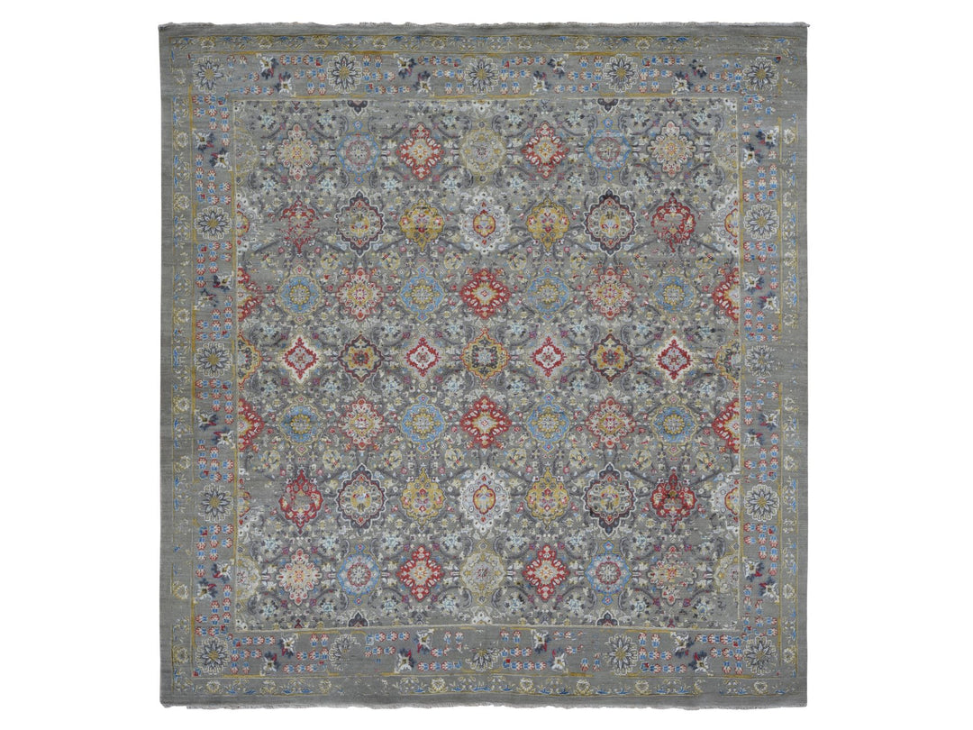 10'0" x 10'6" New Hand Knotted Grey Wool & Silk Square Oriental Rug - MOA10287946