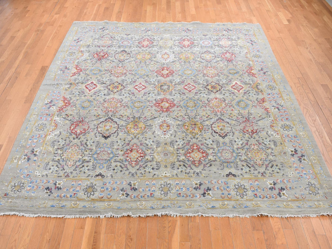 10'0" x 10'6" New Hand Knotted Grey Wool & Silk Square Oriental Rug - MOA10287946