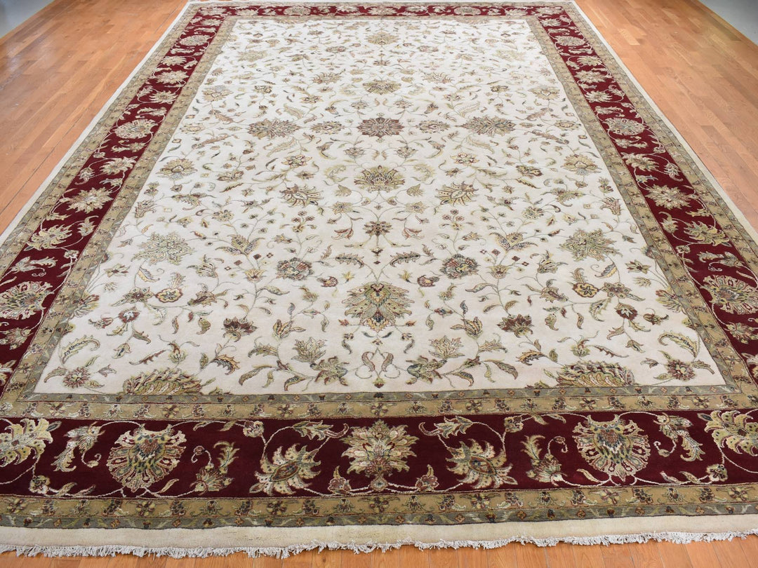 12'0" x 18'2" New Hand Knotted Ivory Wool & Silk Rectangle Oriental Rug - MOA10287952