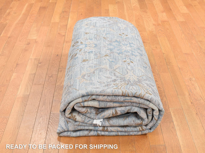 11'8" x 15'3" New Hand Knotted Green Wool & Silk Rectangle Oriental Rug - MOA10287993