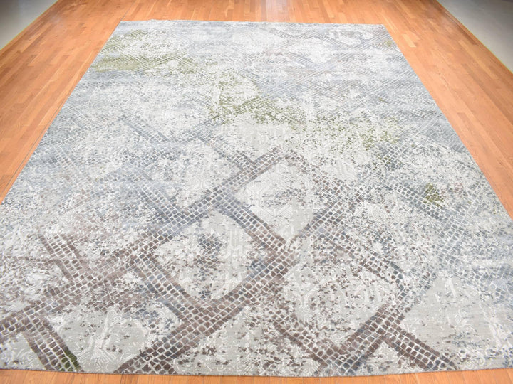 12'3" x 15'3" New Hand Knotted Grey Wool & Silk Rectangle Oriental Rug - MOA10287998