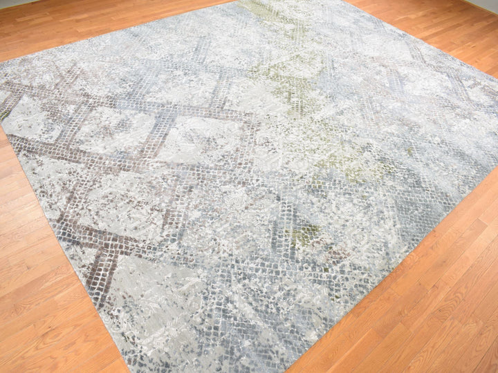 12'3" x 15'3" New Hand Knotted Grey Wool & Silk Rectangle Oriental Rug - MOA10287998