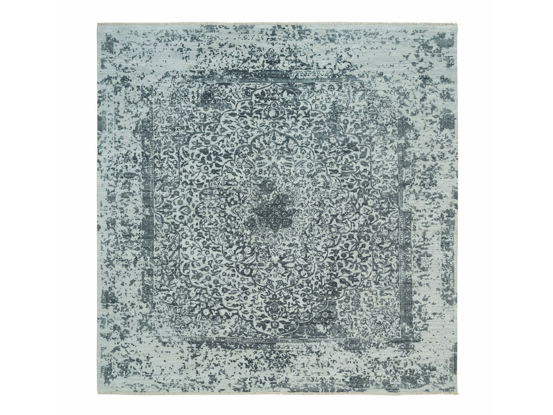 9'10" x 10'1" New Hand Knotted Grey Wool & Silk Square Oriental Rug - MOA10290134