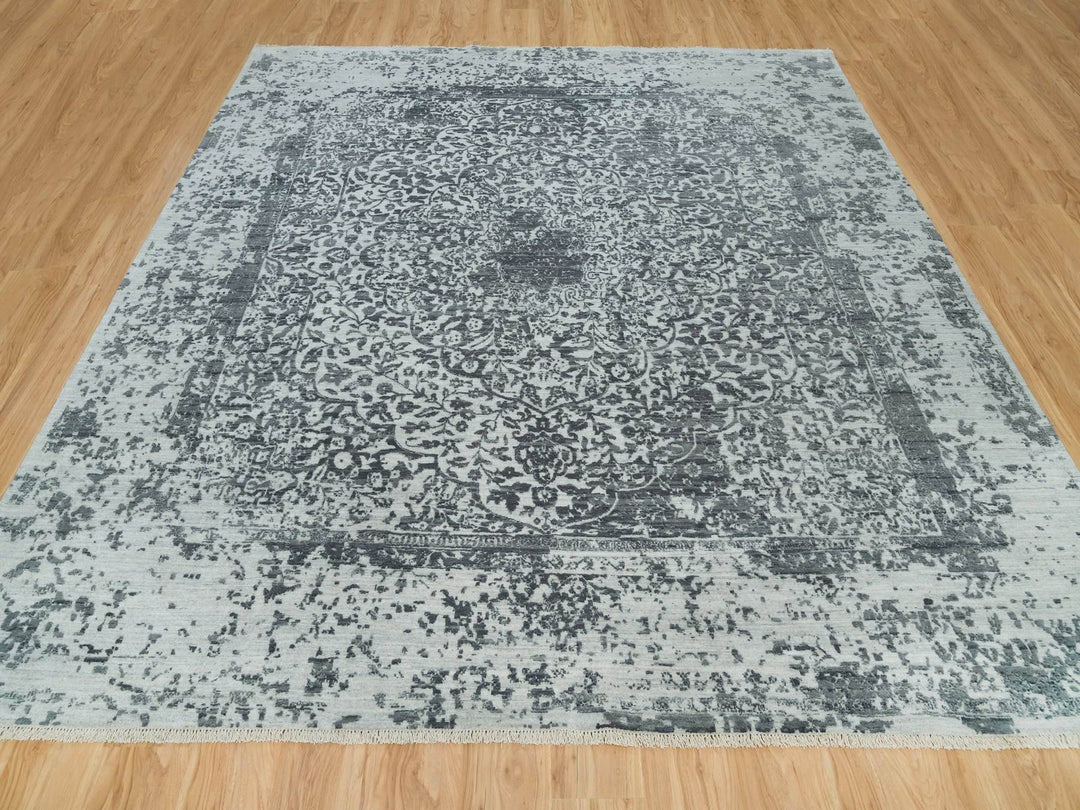 9'10" x 10'1" New Hand Knotted Grey Wool & Silk Square Oriental Rug - MOA10290134