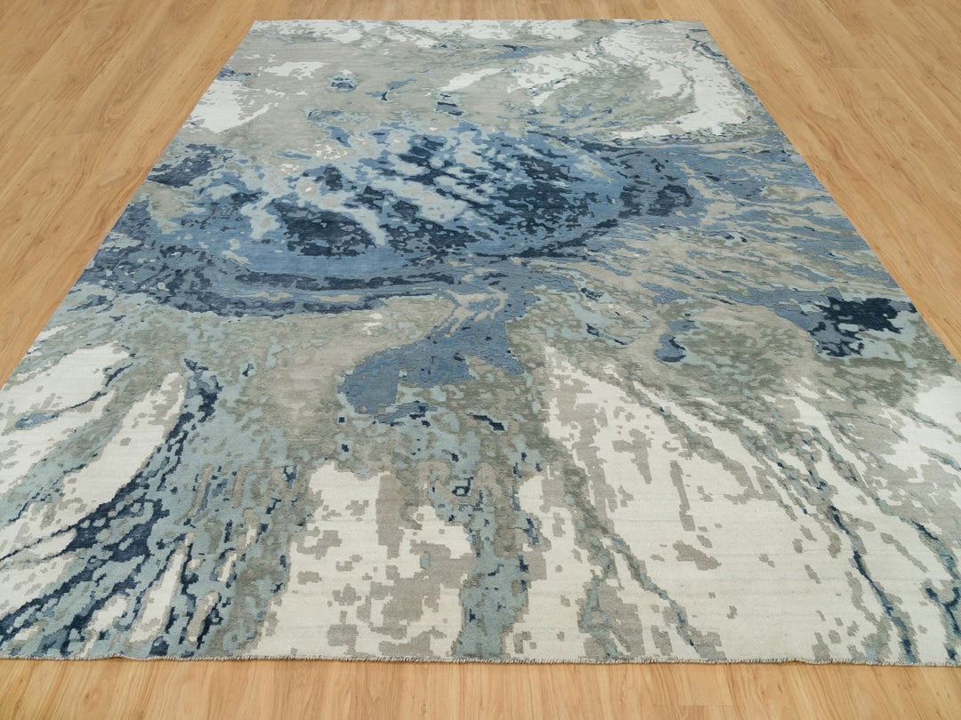 11'11" x 15'3" New Hand Knotted Blue Wool & Silk Rectangle Oriental Rug - MOA10290216