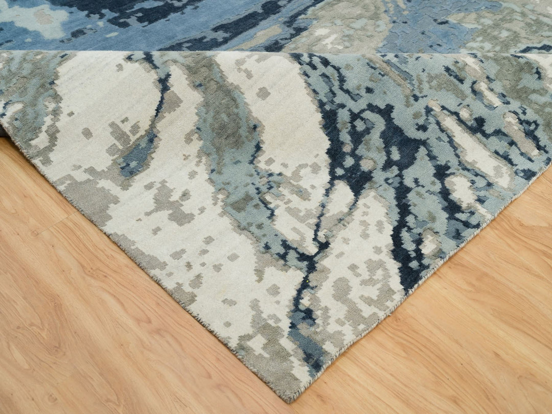 11'11" x 15'3" New Hand Knotted Blue Wool & Silk Rectangle Oriental Rug - MOA10290216