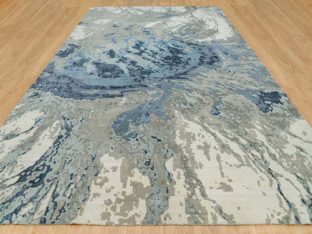 11'11" x 18'1" New Hand Knotted Blue Wool & Silk Rectangle Oriental Rug - MOA10290217