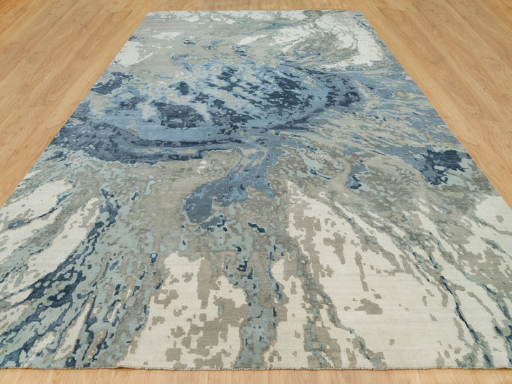 11'11" x 18'1" New Hand Knotted Blue Wool & Silk Rectangle Oriental Rug - MOA10290217