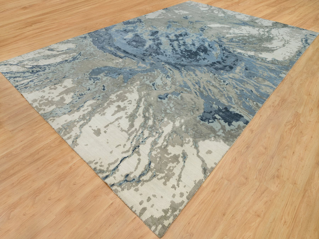 11'11" x 18'1" New Hand Knotted Blue Wool & Silk Rectangle Oriental Rug - MOA10290217