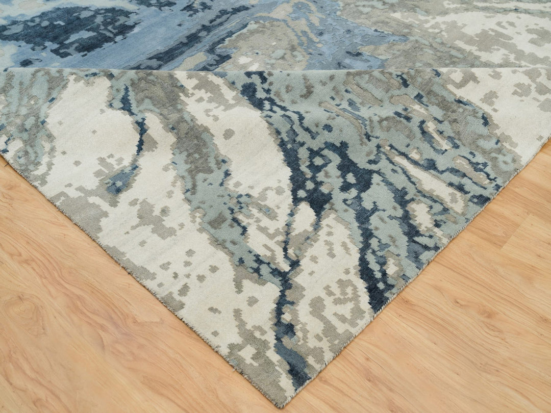 11'11" x 18'1" New Hand Knotted Blue Wool & Silk Rectangle Oriental Rug - MOA10290217