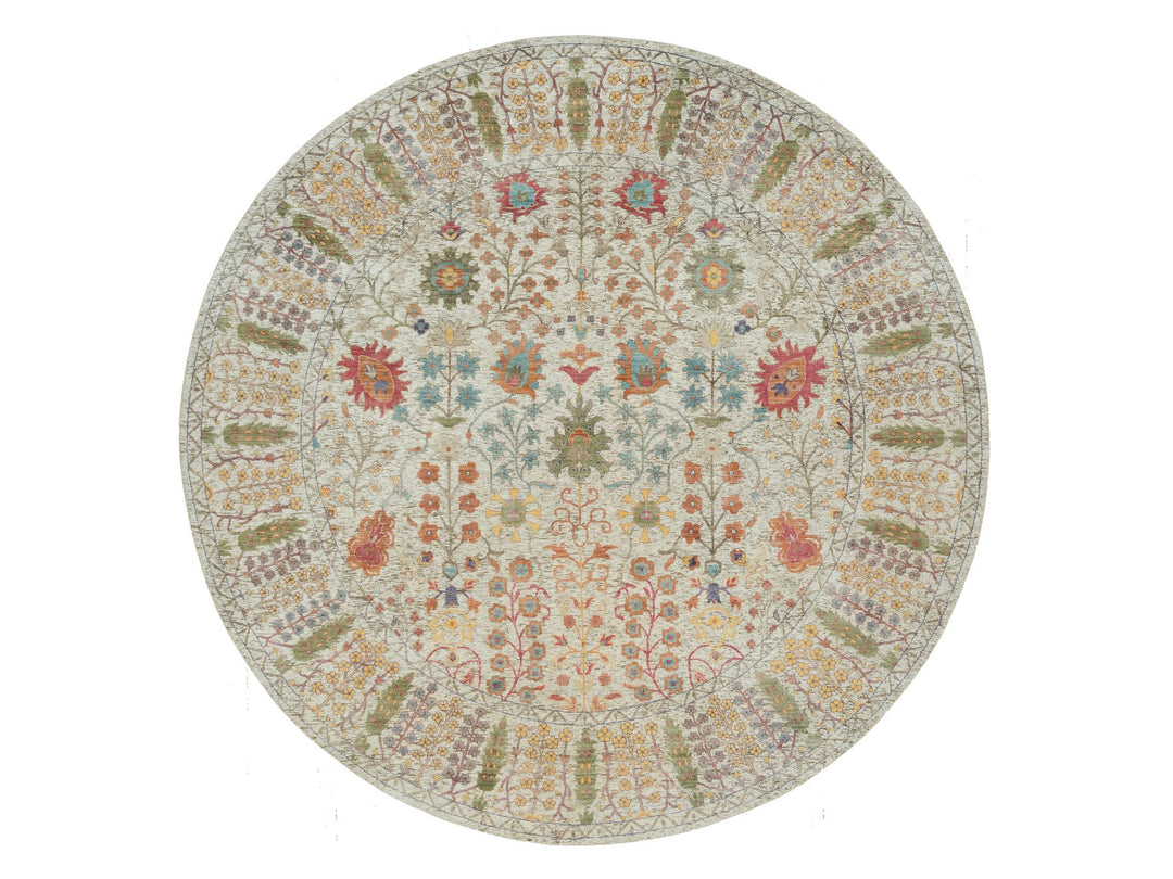11'9" x 11'9" New Hand Knotted Beige Wool & Silk Round Oriental Rug - MOA10290255