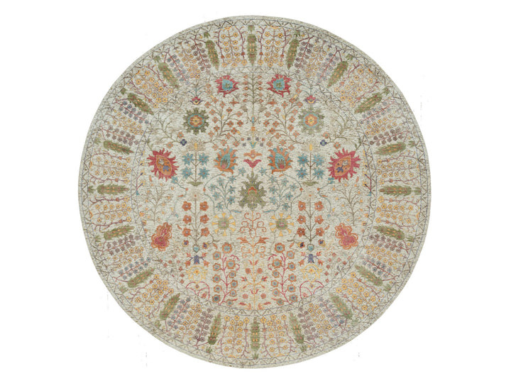 11'9" x 11'9" New Hand Knotted Beige Wool & Silk Round Oriental Rug - MOA10290255