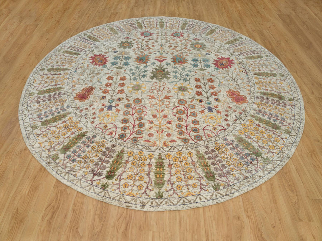 11'9" x 11'9" New Hand Knotted Beige Wool & Silk Round Oriental Rug - MOA10290255
