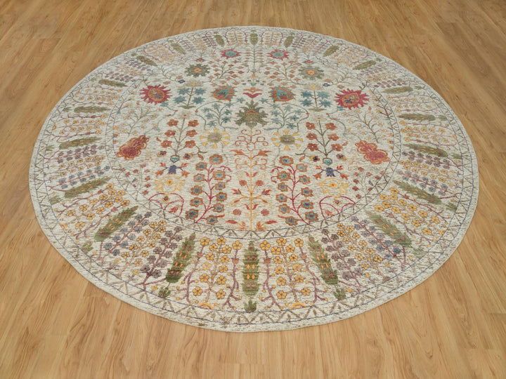 11'9" x 11'9" New Hand Knotted Beige Wool & Silk Round Oriental Rug - MOA10290255