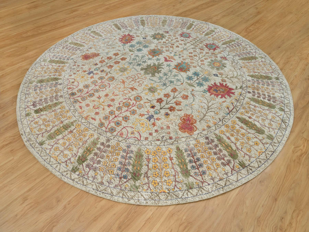 11'9" x 11'9" New Hand Knotted Beige Wool & Silk Round Oriental Rug - MOA10290255