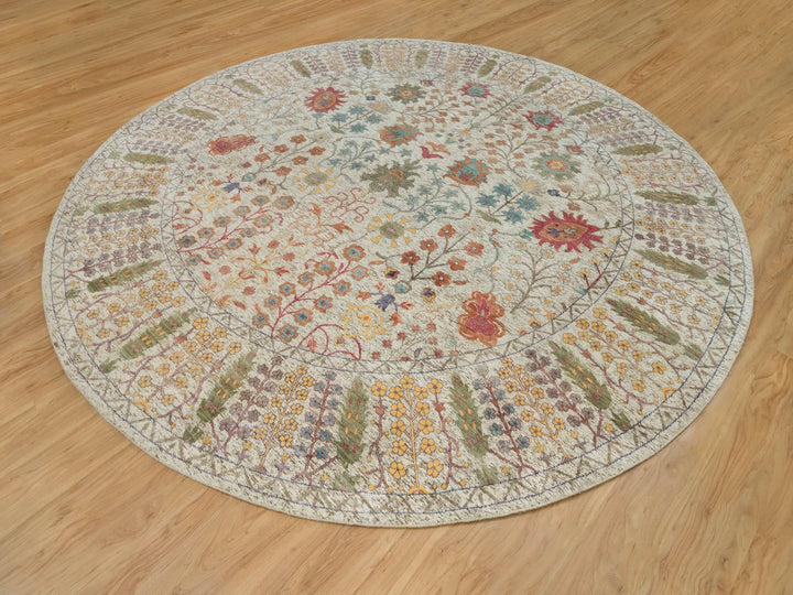 11'9" x 11'9" New Hand Knotted Beige Wool & Silk Round Oriental Rug - MOA10290255