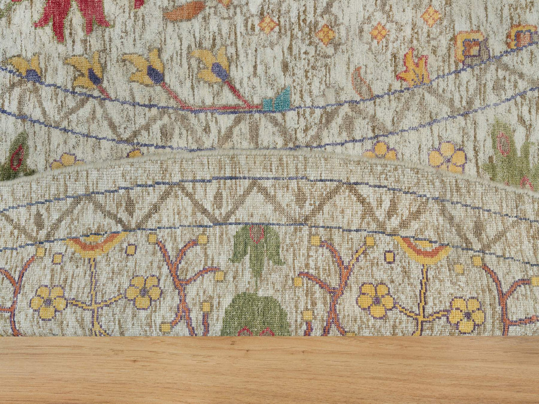 11'9" x 11'9" New Hand Knotted Beige Wool & Silk Round Oriental Rug - MOA10290255