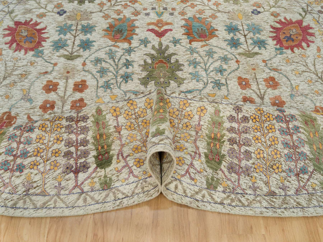 11'9" x 11'9" New Hand Knotted Beige Wool & Silk Round Oriental Rug - MOA10290255