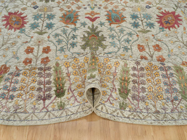 11'9" x 11'9" New Hand Knotted Beige Wool & Silk Round Oriental Rug - MOA10290255