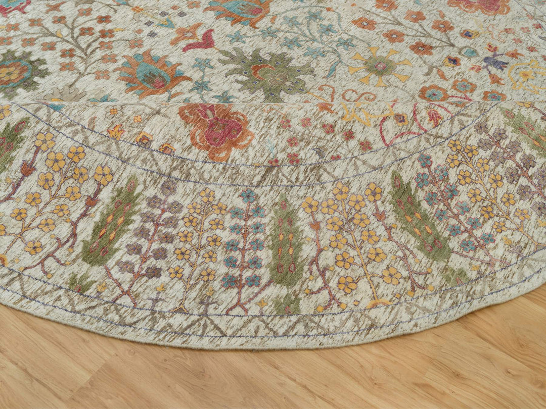 11'9" x 11'9" New Hand Knotted Beige Wool & Silk Round Oriental Rug - MOA10290255