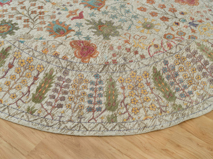 11'9" x 11'9" New Hand Knotted Beige Wool & Silk Round Oriental Rug - MOA10290255