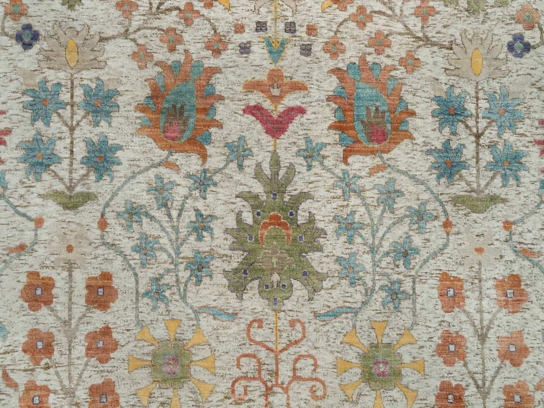 11'9" x 11'9" New Hand Knotted Beige Wool & Silk Round Oriental Rug - MOA10290255