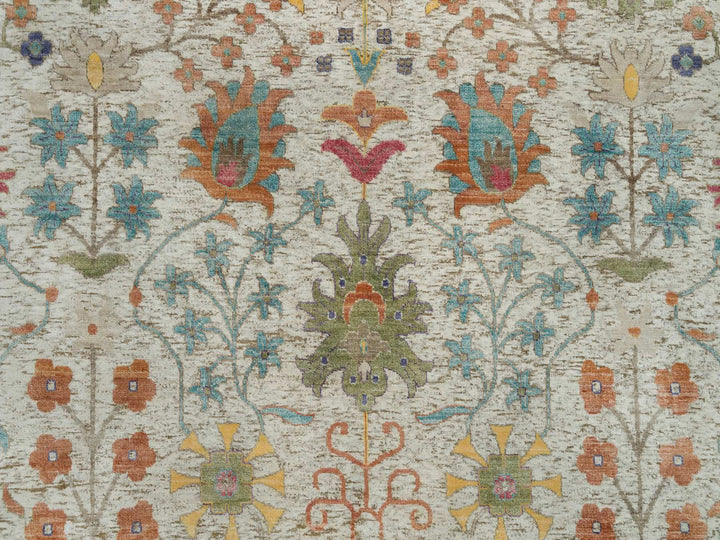 11'9" x 11'9" New Hand Knotted Beige Wool & Silk Round Oriental Rug - MOA10290255