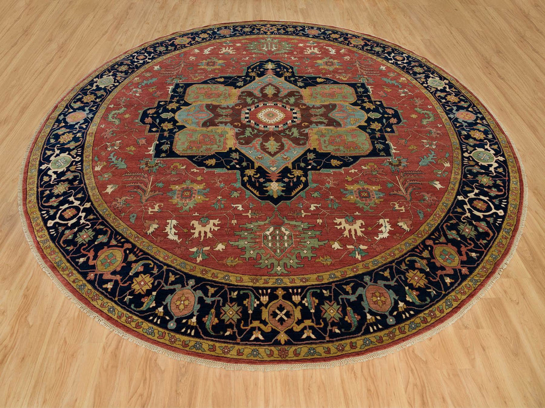 13'11" x 13'11" New Hand Knotted Red Wool Round Oriental Rug - MOA10290297