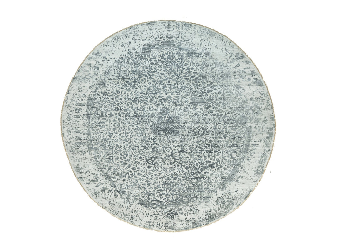13'10" x 13'10" New Hand Knotted Grey Wool & Silk Round Oriental Rug - MOA10290480