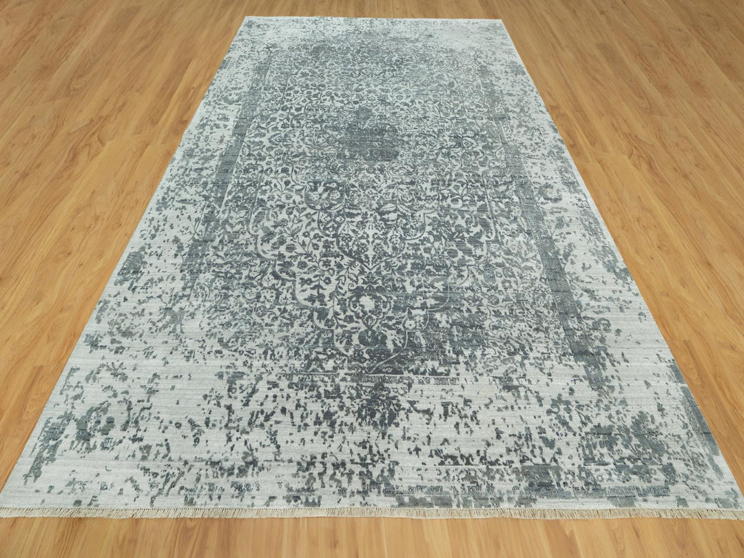 10'0" x 14'1" New Hand Knotted Grey Wool & Silk Rectangle Oriental Rug - MOA10290527