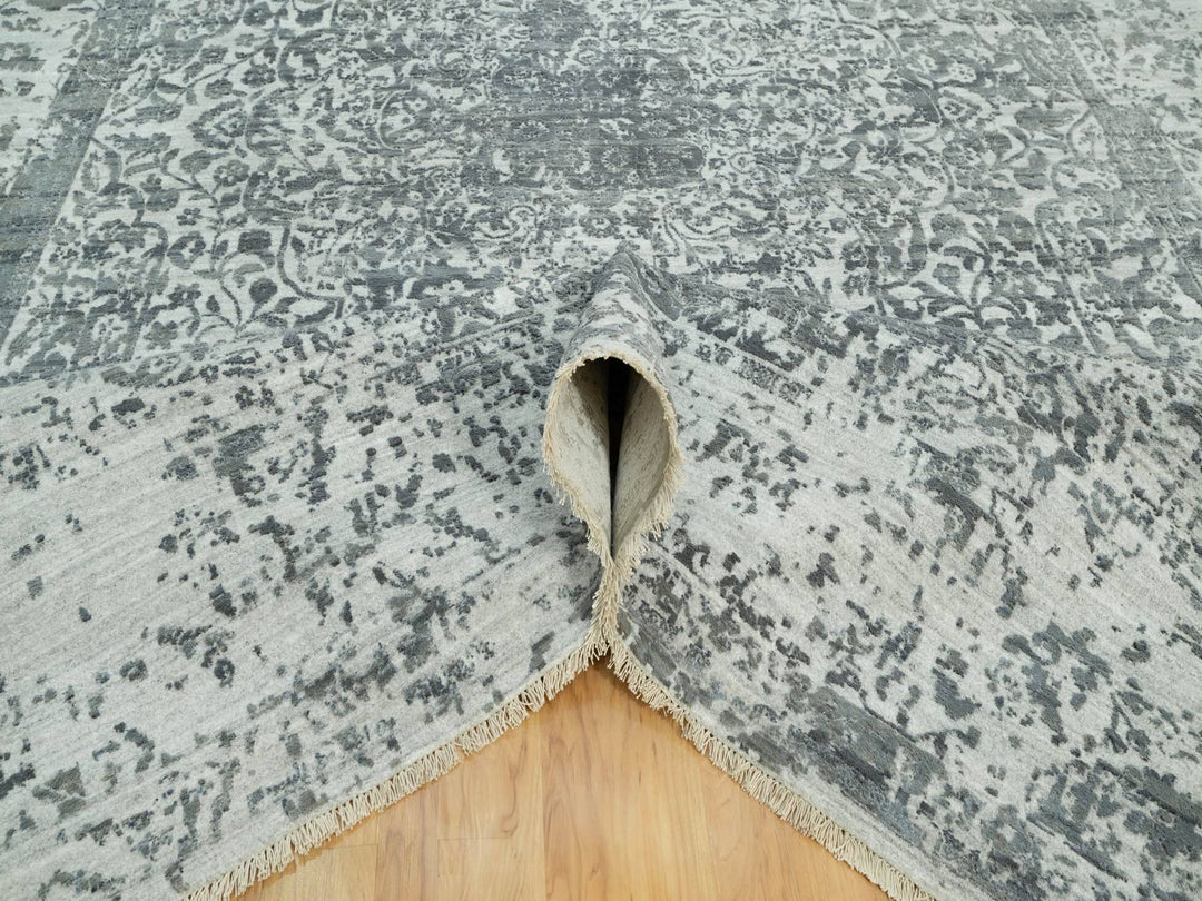 10'0" x 14'1" New Hand Knotted Grey Wool & Silk Rectangle Oriental Rug - MOA10290527