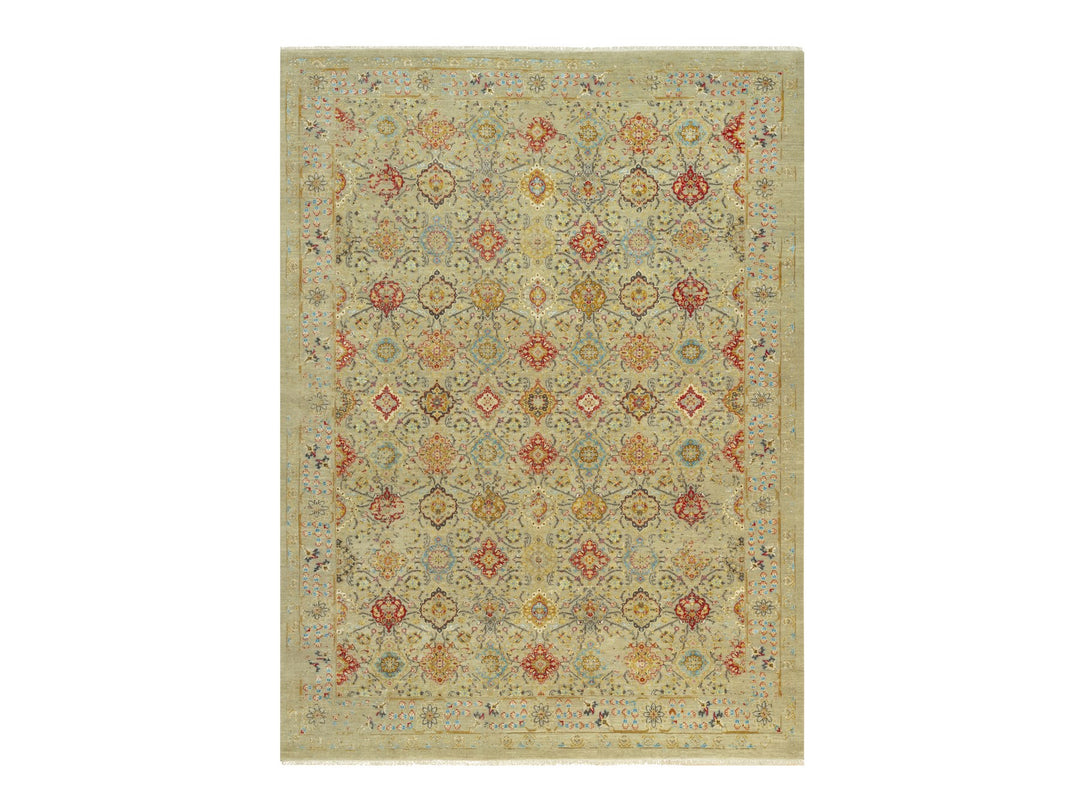 10'3" x 13'10" New Hand Knotted Beige Wool & Silk Rectangle Oriental Rug - MOA10290535