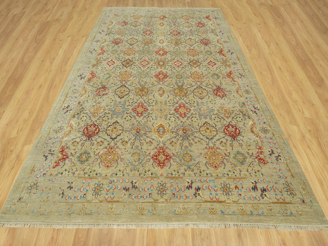 10'3" x 13'10" New Hand Knotted Beige Wool & Silk Rectangle Oriental Rug - MOA10290535