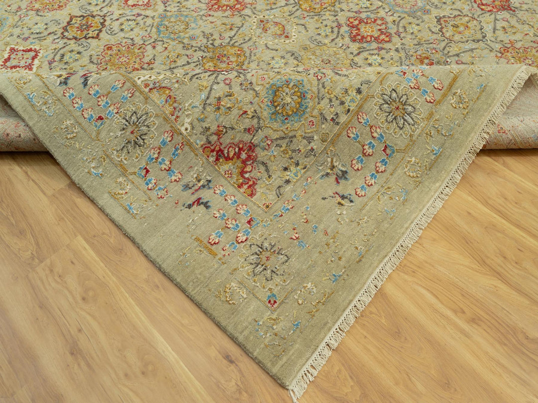 10'3" x 13'10" New Hand Knotted Beige Wool & Silk Rectangle Oriental Rug - MOA10290535